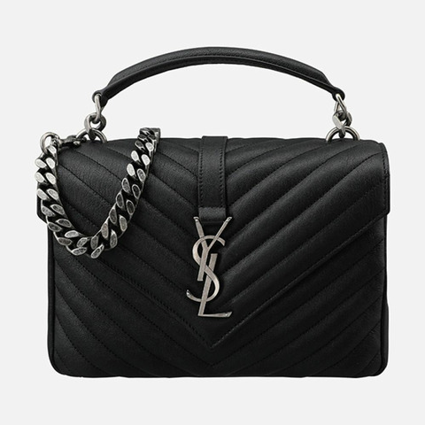 SAINT LAURENT 5S學院風斜背包 中號 銀黑色 600279 BRM04