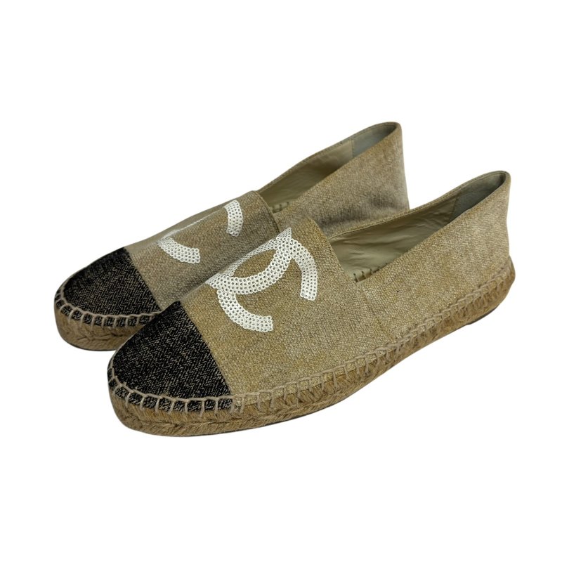 【美收精品】CHANEL 黑頭米白布平底鞋4-553-0