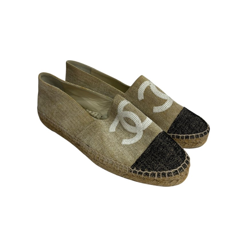 【美收精品】CHANEL 黑頭米白布平底鞋4-553-1