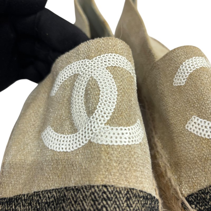【美收精品】CHANEL 黑頭米白布平底鞋4-553-4