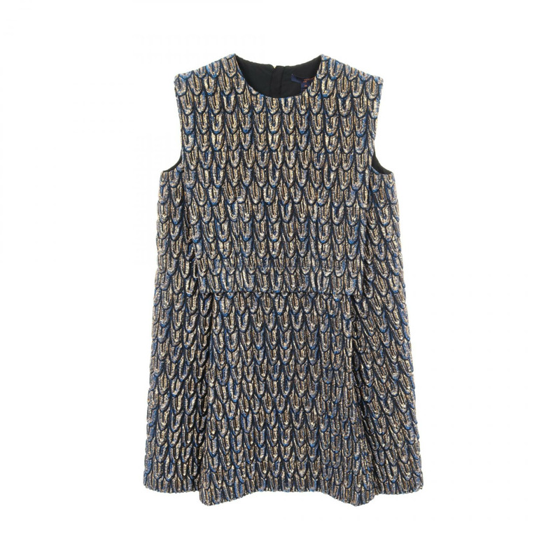 路易威登 3D 羽毛連身裙 FODS84 羊毛腈綸海軍藍金色 #38 二手女裝-0