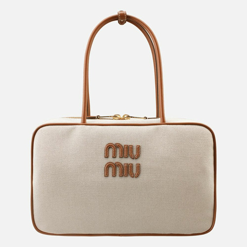 MIU MIU 5S帆布皮革蝴蝶結包 米色白蘭地 5BB163 ACRN F062F