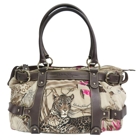 棕色 尼龍帆布 豹圖案 肩背包【Salvatore Ferragamo 菲拉格慕】