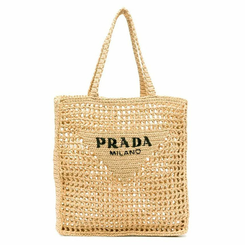 PRADA 25FW Logo刺繡鉤編手提包 米色 1BG393 2C2T F0018