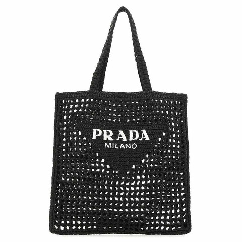 PRADA 25FW Logo刺繡鉤編手提包 黑色 1BG393 2C2T F0002