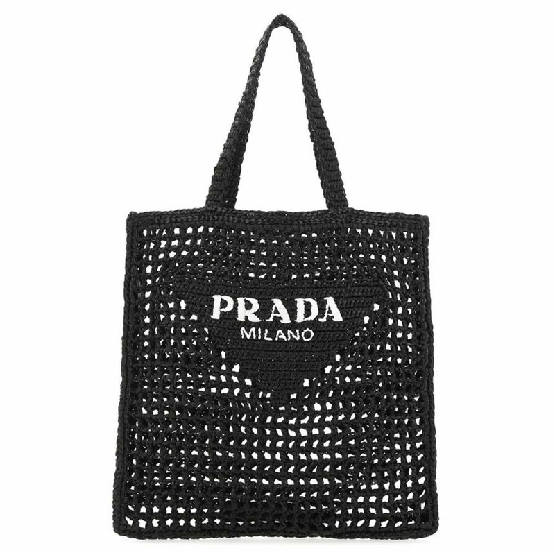 PRADA 25FW Logo刺繡鉤編手提包 黑色 1BG393 2C2T F0002-0