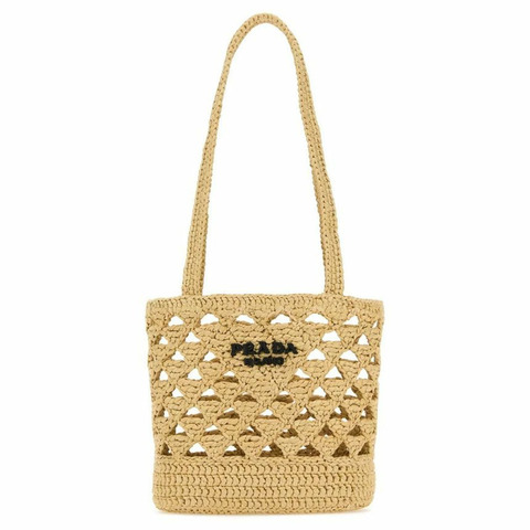 PRADA 25SS 標誌刺繡鉤編手提包 自然色 1BG494 2M2T F0018