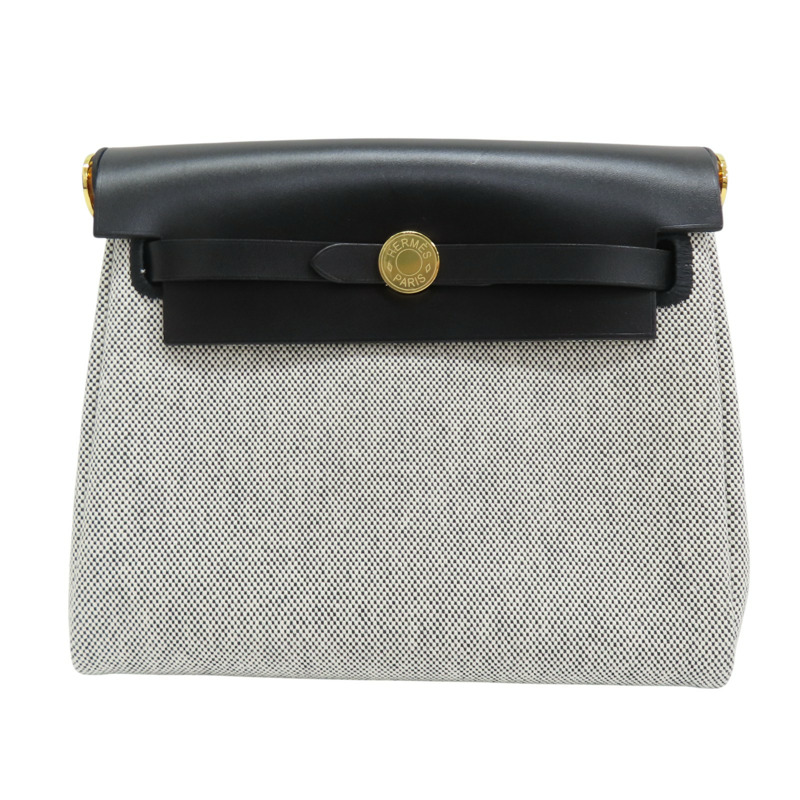 黑色牛皮 灰色帆布 mini herbag 肩背包 金釦 K刻【HERMES 愛馬仕】-0