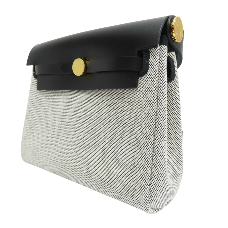 黑色牛皮 灰色帆布 mini herbag 肩背包 金釦 K刻【HERMES 愛馬仕】-2