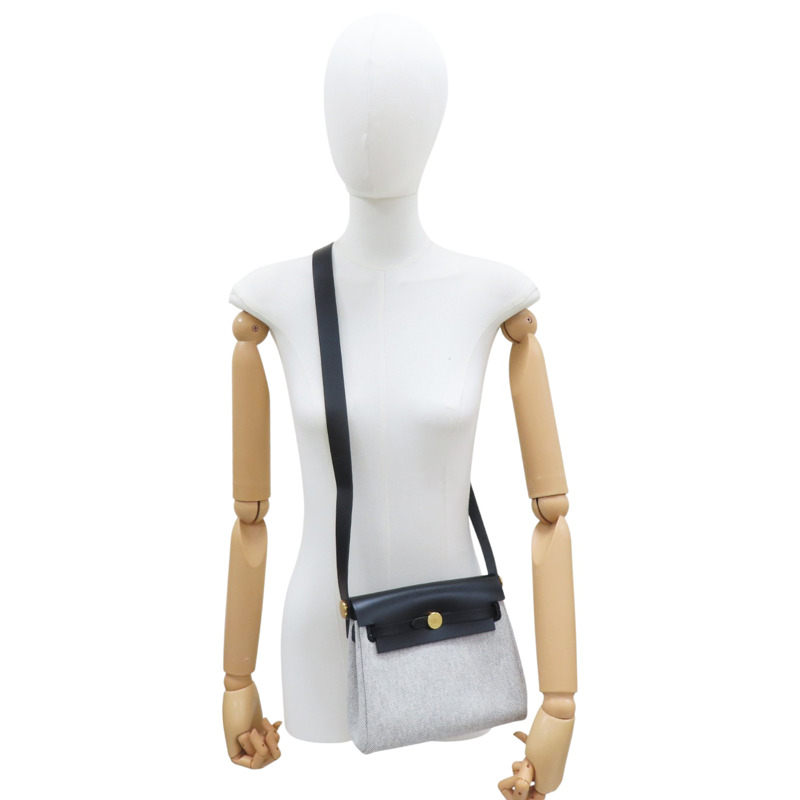 黑色牛皮 灰色帆布 mini herbag 肩背包 金釦 K刻【HERMES 愛馬仕】-7