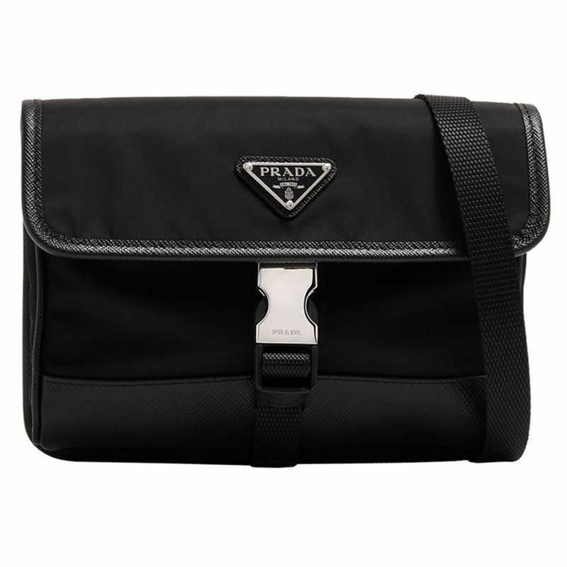 PRADA Saffiano 三角形 Logo 尼龍手機殼斜背包 黑色 2ZH108 2DMH F0002-0