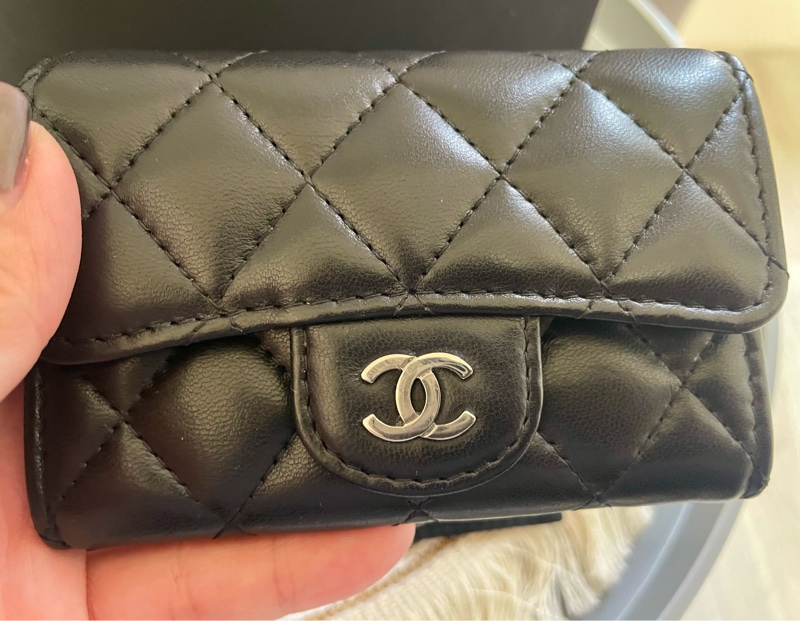 🔥包況良好~閒置釋出🔥Chanel cf 稀有雙C銀扣 黑羊皮零錢卡包(可+鏈條變小廢包)-2