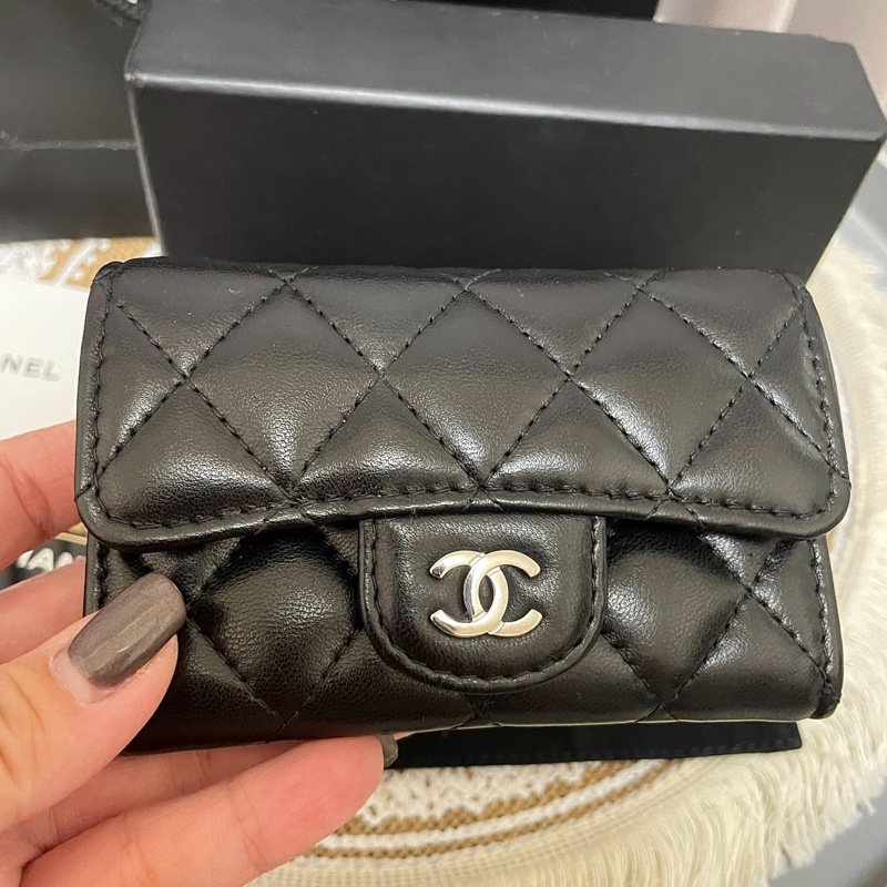 🔥包況良好~閒置釋出🔥Chanel cf 稀有雙C銀扣 黑羊皮零錢卡包(可+鏈條變小廢包)-5