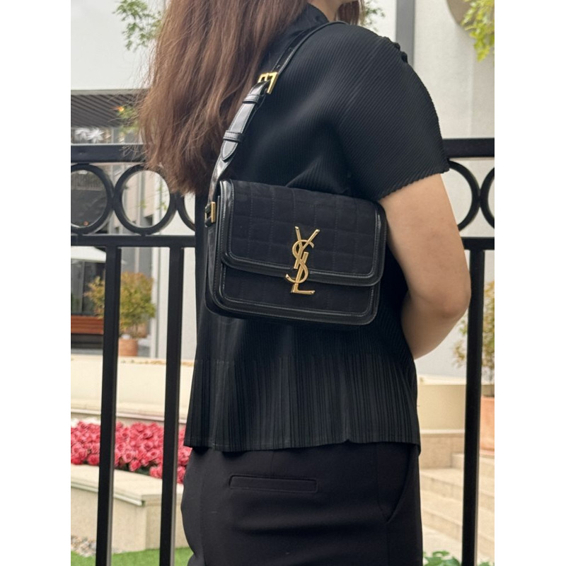 SAINT LAURENT Solferrino 小號絎縫磨砂皮單肩包 黑色 739139-0