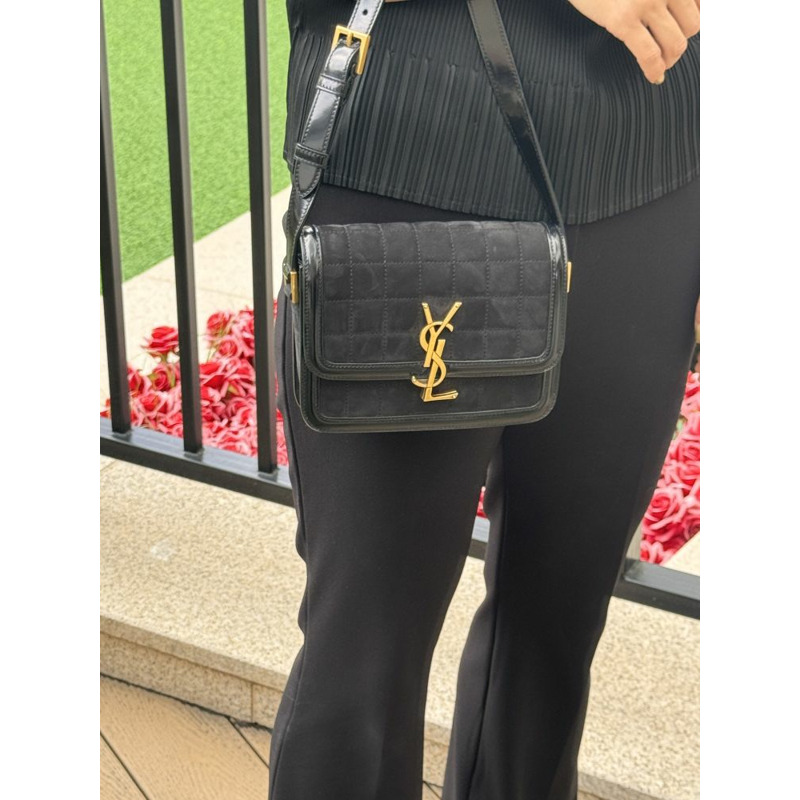 SAINT LAURENT Solferrino 小號絎縫磨砂皮單肩包 黑色 739139-1