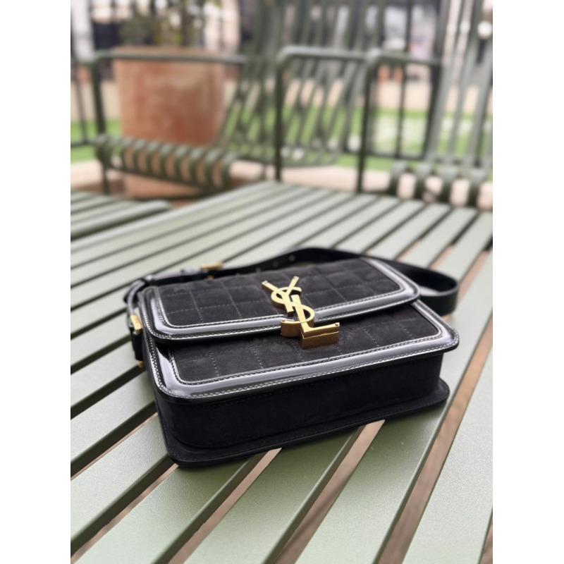 SAINT LAURENT Solferrino 小號絎縫磨砂皮單肩包 黑色 739139-2