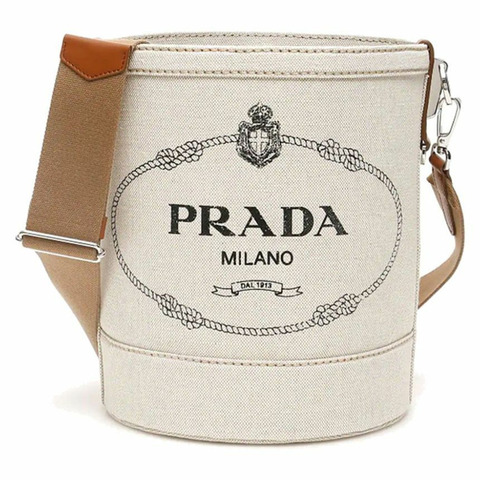 PRADA Cecilio 天然干邑色麻布水桶包，編號：1BE038 2E2H F0A5T