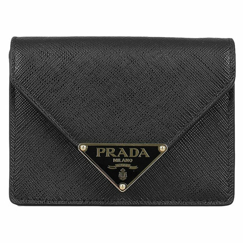 PRADA 金色Logo Saffiano皮夾斜背包 黑色 1MR033 2CLQ F0002