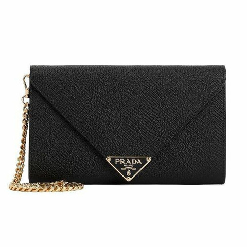 PRADA Saffiano 三角形 Logo 鏈條單肩包 黑色 1MF034 2CLQ F0002