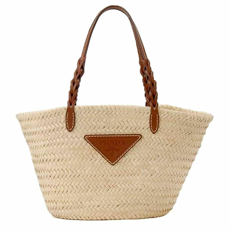 PRADA 25SS 三角形標誌木棕櫚皮革手提包,天然干邑色,印章:1BG314 2DIJ F0A5T-0