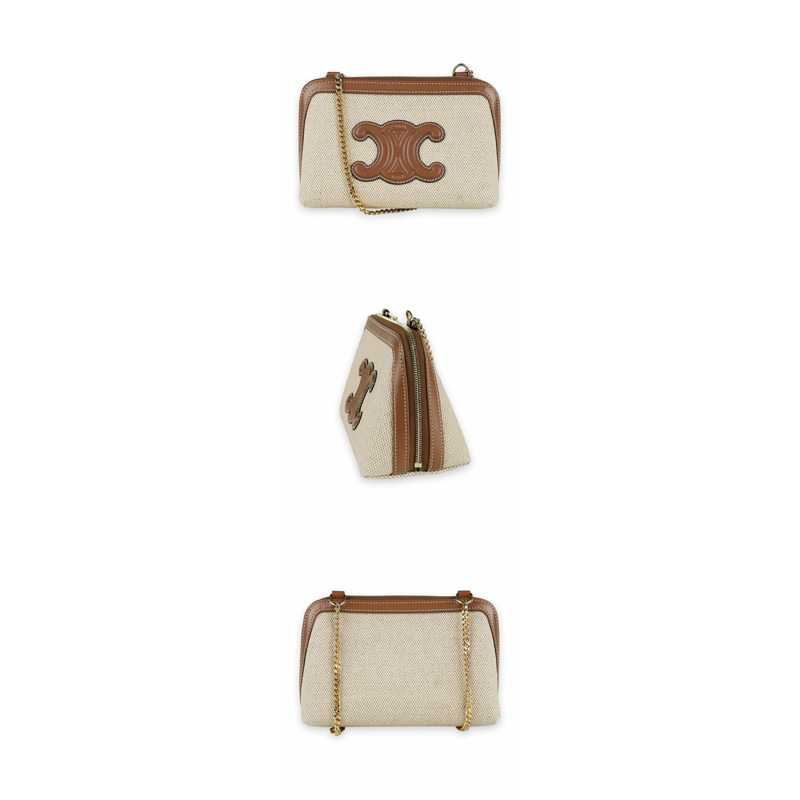 CELINE Triomphe 布料鏈斜背包(自然色/棕褐色)編號 10E382DTL 02NT-2