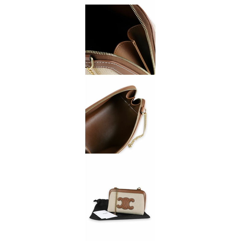 CELINE Triomphe 布料鏈斜背包(自然色/棕褐色)編號 10E382DTL 02NT-4