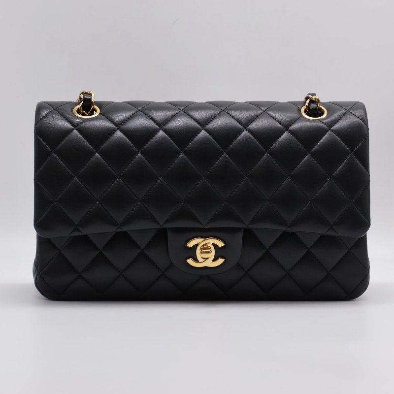 CHANEL 經典口蓋包 CF25 - 羊皮黑金26開-0