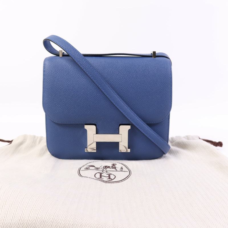 HERMES Epsom皮革Constance Mini銀扣肩背袋Bleu Agate/Gris Mouette-9