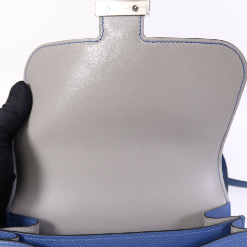 HERMES Epsom皮革Constance Mini銀扣肩背袋Bleu Agate/Gris Mouette-11