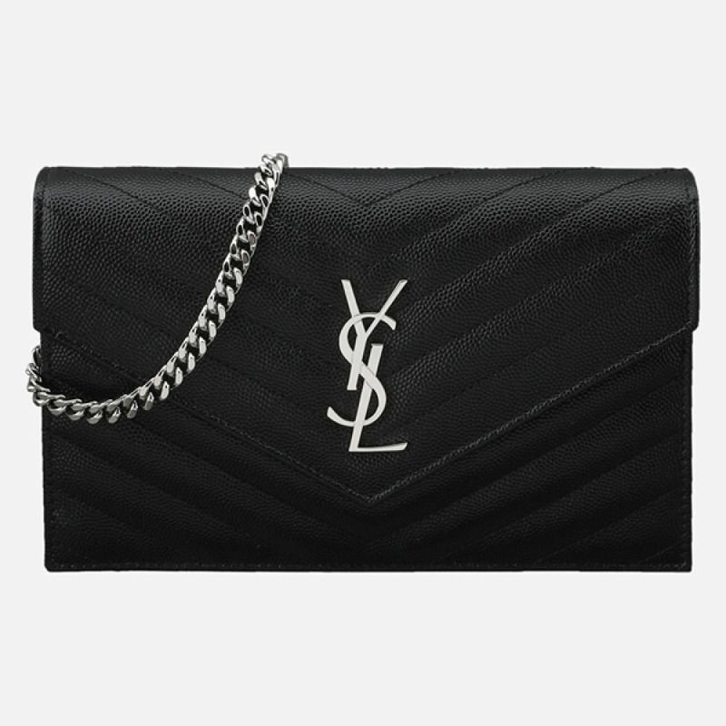 SAINT LAURENT 信封鏈條單肩包 銀黑色 742920 BOW02 1000-0