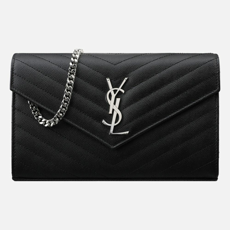 SAINT LAURENT Monogram 鏈條單肩包 銀黑色 377828 BOW02 1000-0