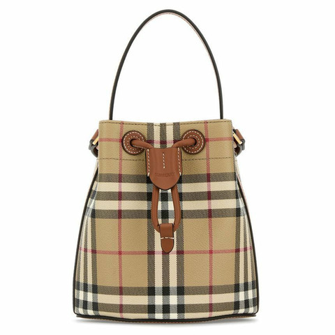 BURBERRY 復古格紋迷你抽繩水桶包 Brier Brown 8109794