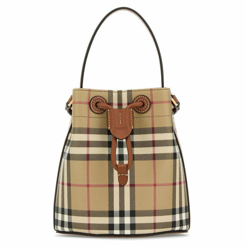 BURBERRY 復古格紋迷你抽繩水桶包 Brier Brown 8109794-0