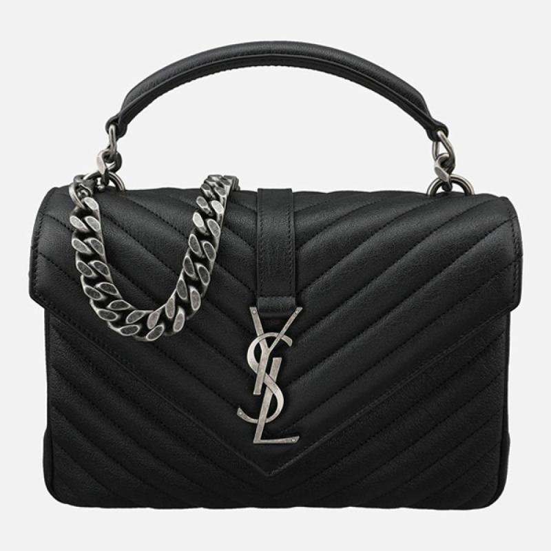 SAINT LAURENT 5F學院風斜背包 中型 銀黑色 600279 BRM04 1000-0