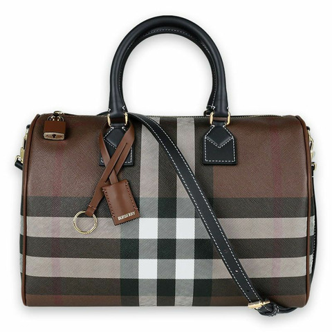 BURBERRY 女士格子圖案中型保齡球手提包（棕色）A8900