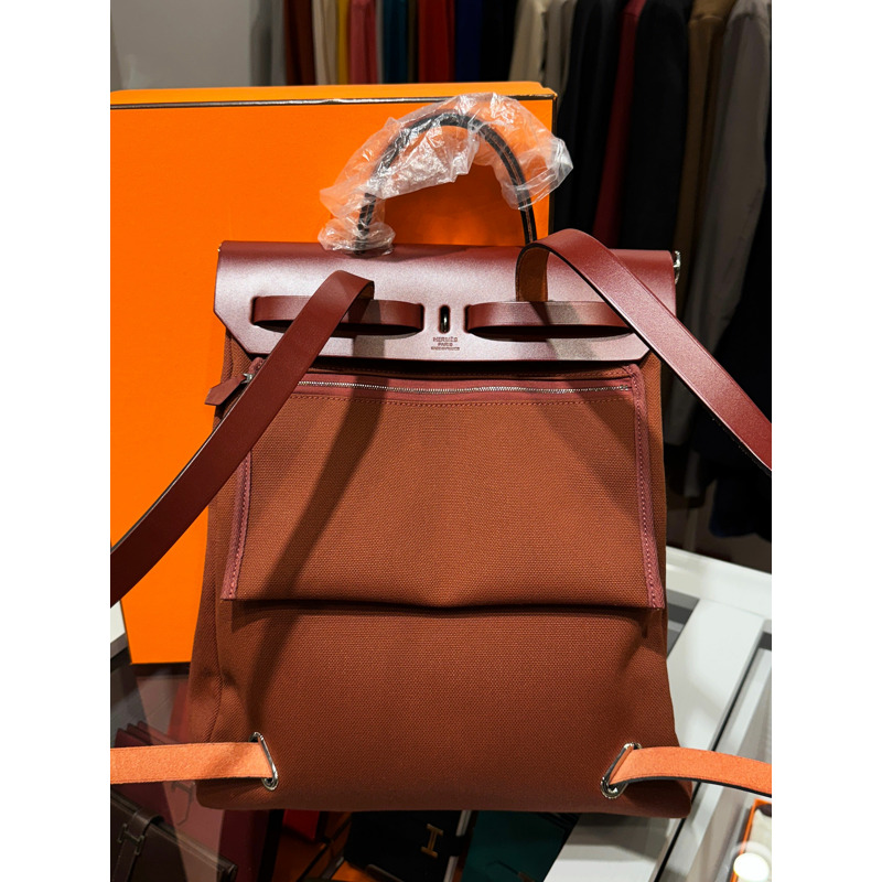 MONCLER 愛馬仕酒紅色帆布銀色背包-4