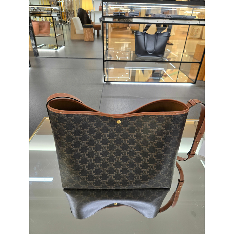 CELINE 帆布小牛皮軟購物袋 棕褐色 123912GXC-0