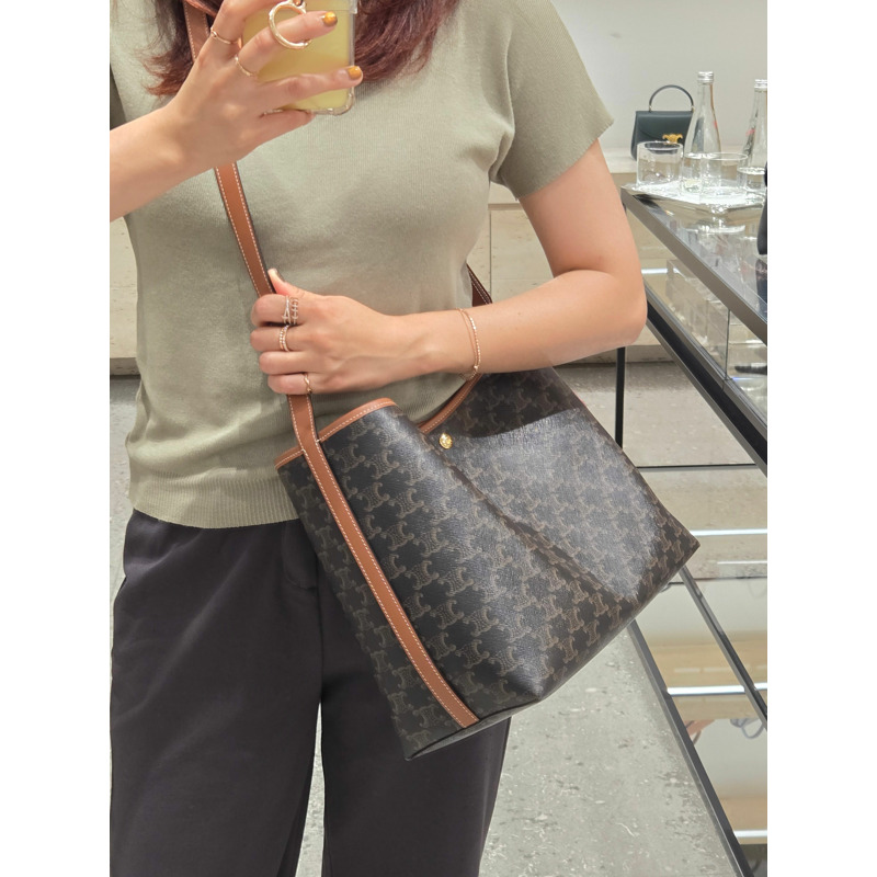 CELINE 帆布小牛皮軟購物袋 棕褐色 123912GXC-1