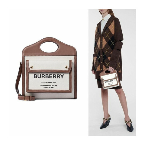 BURBERRY 口袋迷你皮革飾邊帆布手提包