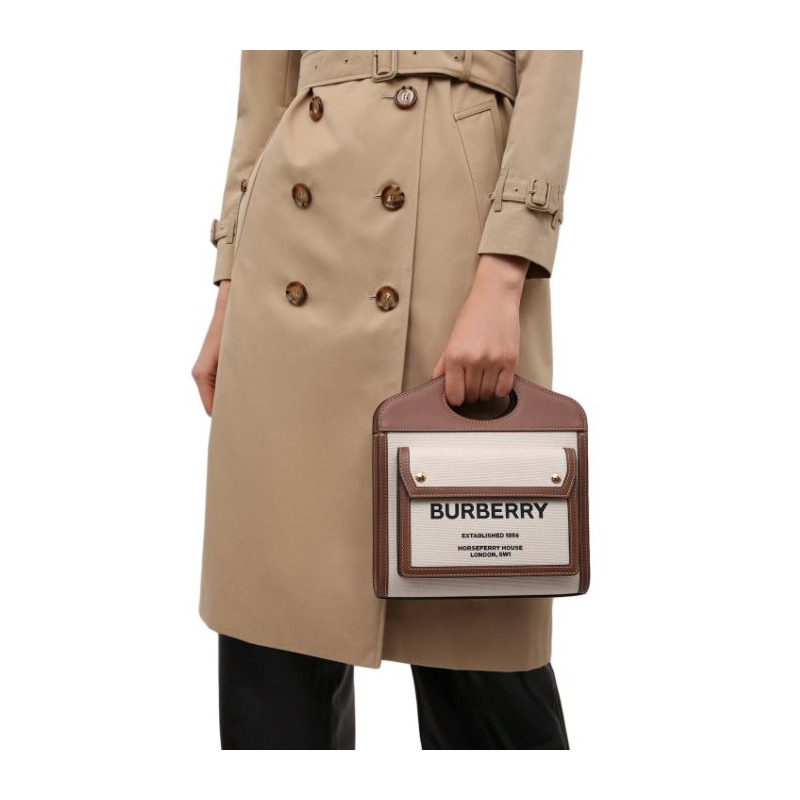 BURBERRY 口袋迷你皮革飾邊帆布手提包-14