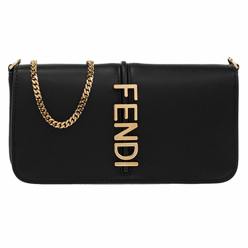 FENDI 黑色圖案皮夾鏈條單肩斜挎包 8BS076 A5DY-0