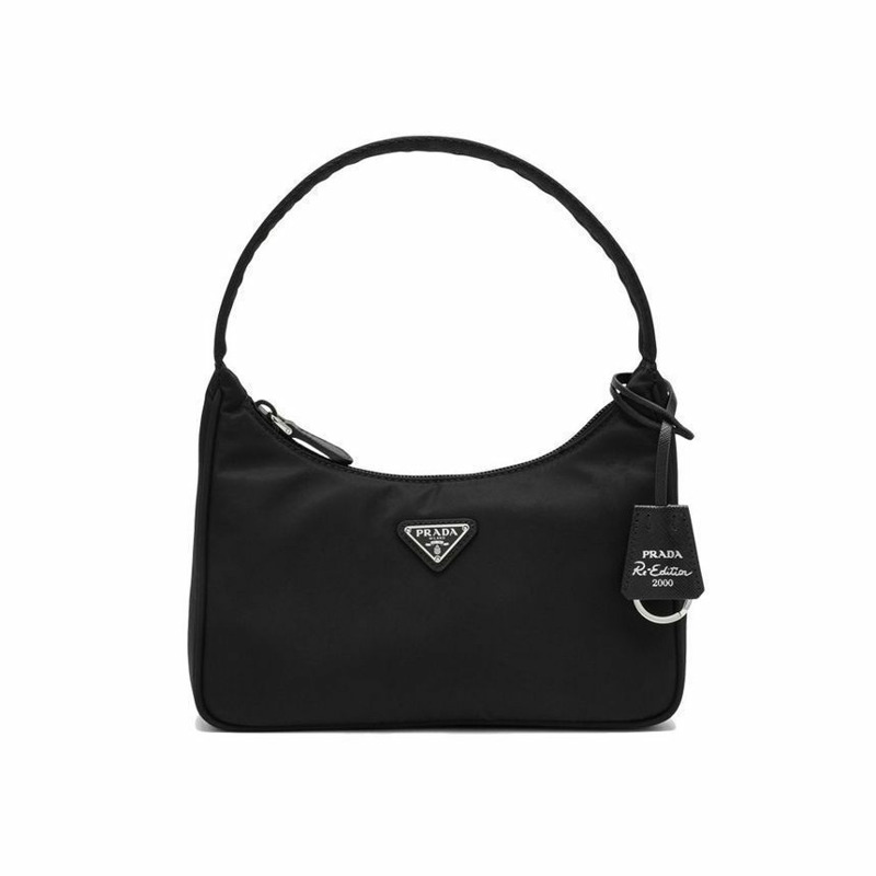 PRADA 三角形標誌 Tessuto Hobo 單肩包 黑色-0
