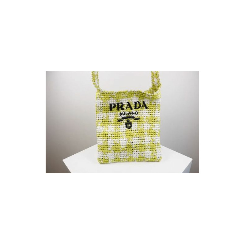 PRADA 三角形Logo拉菲草單肩包 黃色 1BC184-0