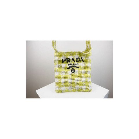 PRADA 三角形Logo拉菲草單肩包 黃色 1BC184