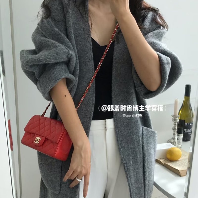 CHANEL 經典口蓋包Mini CF20 - 粒面牛皮紅銀18開-1