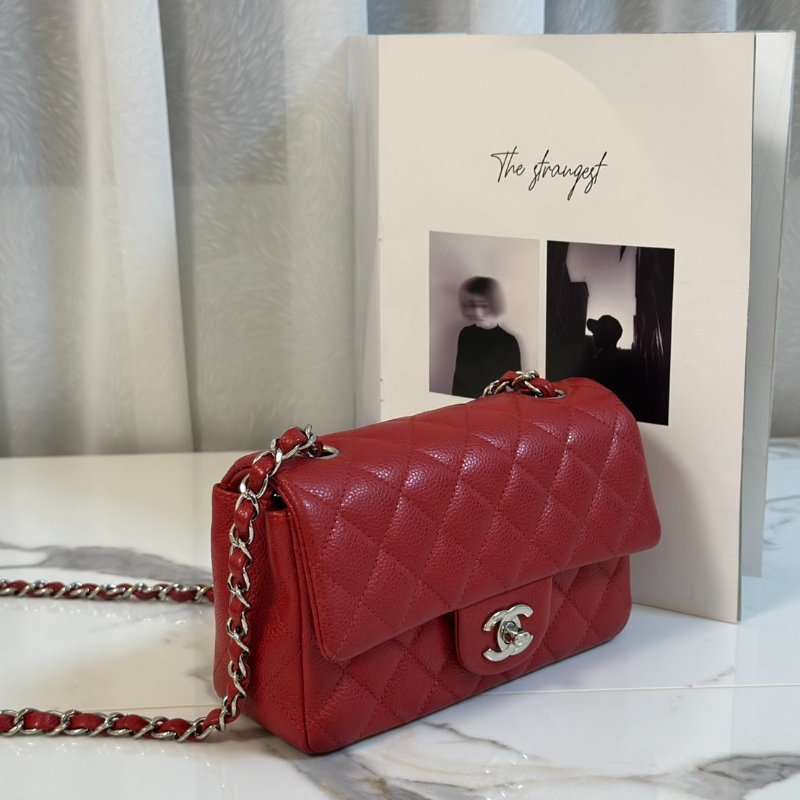 CHANEL 經典口蓋包Mini CF20 - 粒面牛皮紅銀18開-2