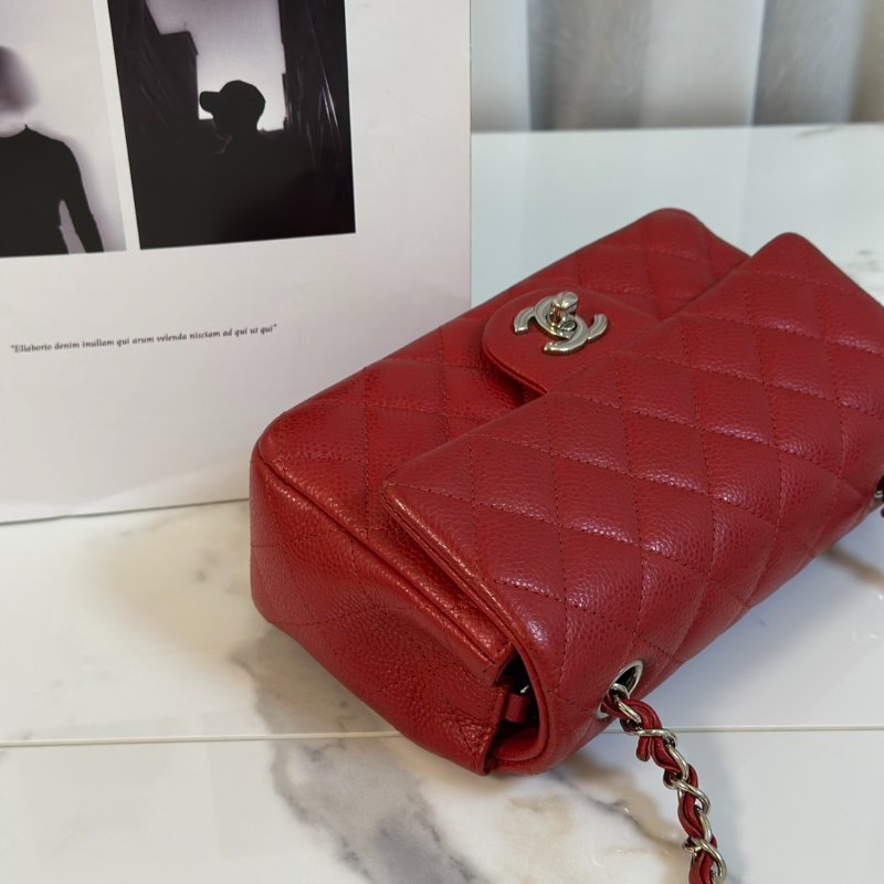 CHANEL 經典口蓋包Mini CF20 - 粒面牛皮紅銀18開-3