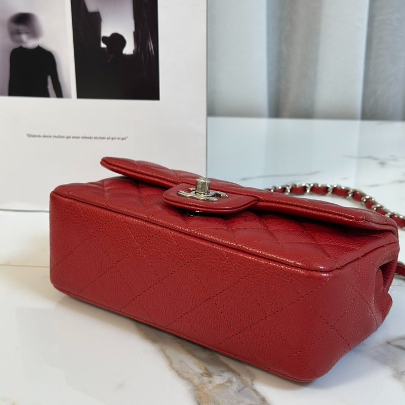 CHANEL 經典口蓋包Mini CF20 - 粒面牛皮紅銀18開-4