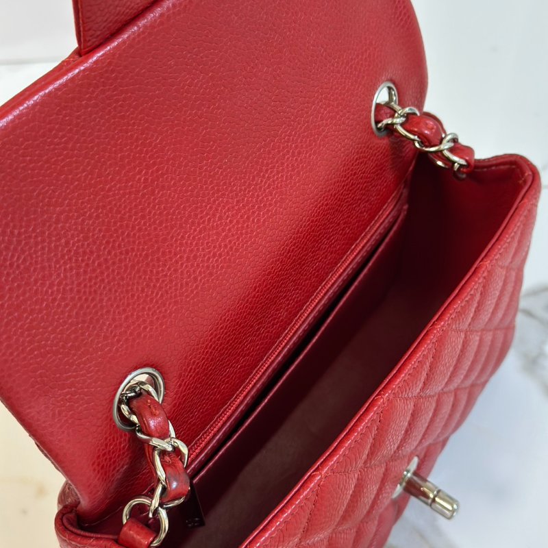 CHANEL 經典口蓋包Mini CF20 - 粒面牛皮紅銀18開-5