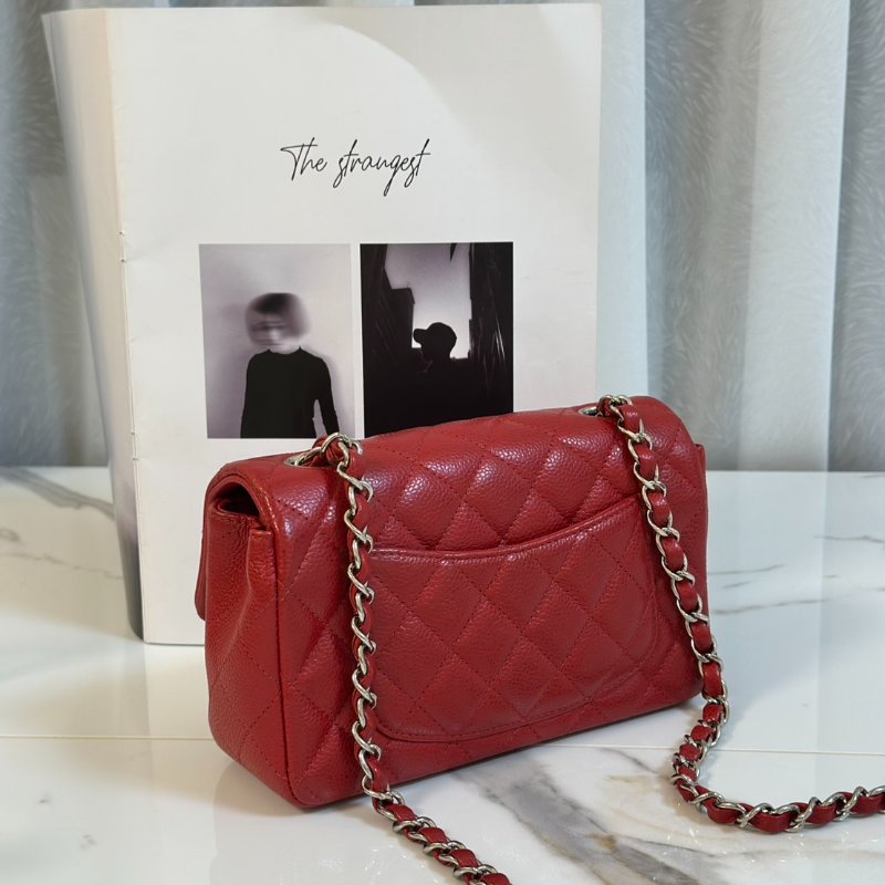 CHANEL 經典口蓋包Mini CF20 - 粒面牛皮紅銀18開-6